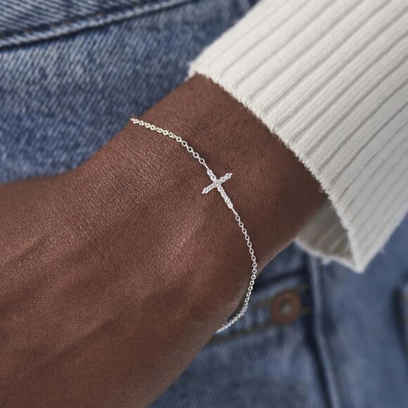 Dainty Cross Bracelet - 925 Sterling Silver/14k Gold Plated Diamond CZ Layered S - Picture 4 of 9